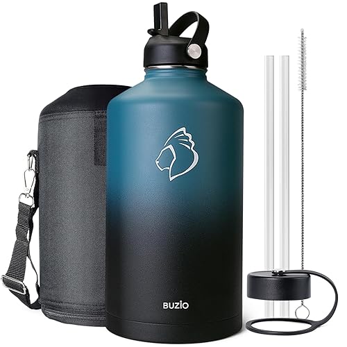 BUZIO 1 Gallon Water Jug with Straw Lid  128oz Water Bottle Stainless Steel Double Wall Hydro Jug Water Flask 18/8 Food Grade Thermo Mug Keep Cold 48H & Hot 24H  Indigo Crush